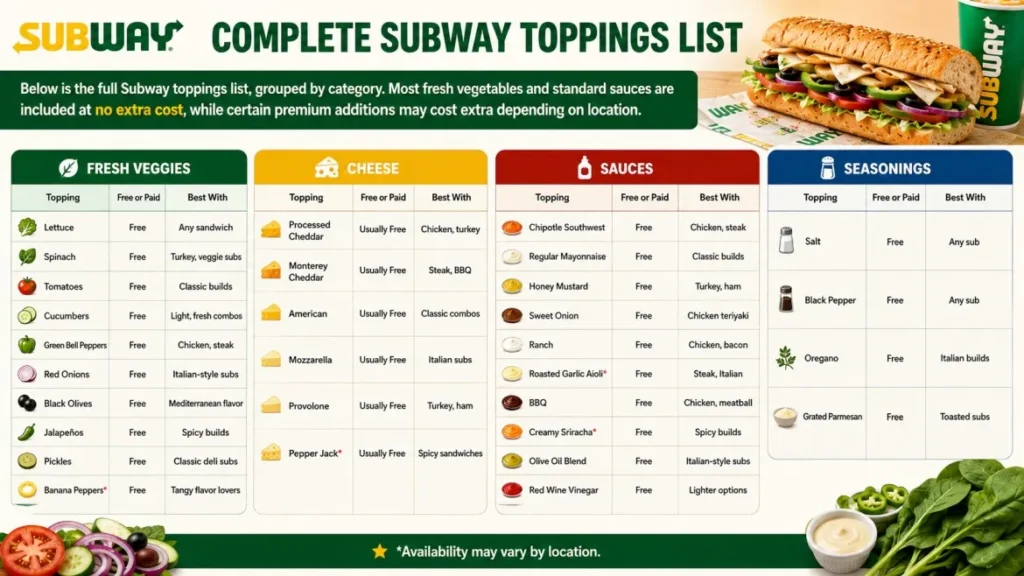Complete Subway toppings list